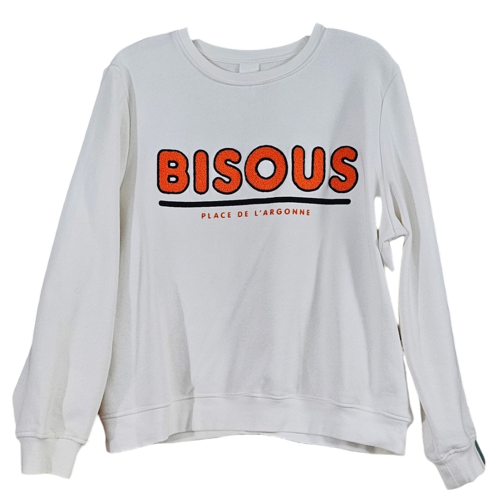 H&M Bisous Sweatshirt L Cotton Polyester White with Orange Print